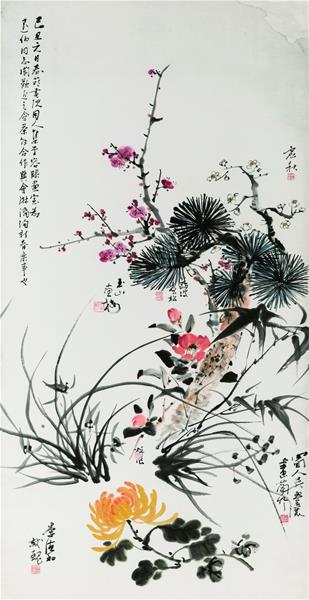 春萌畫院同仁 梅蘭菊竹松135×68cm 1949