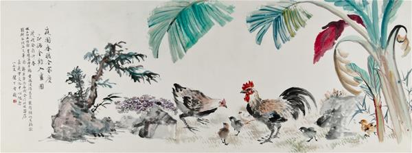 林玉山等人 庭園春暖全家慶五德金雞入畫圖 91×244cm 1993